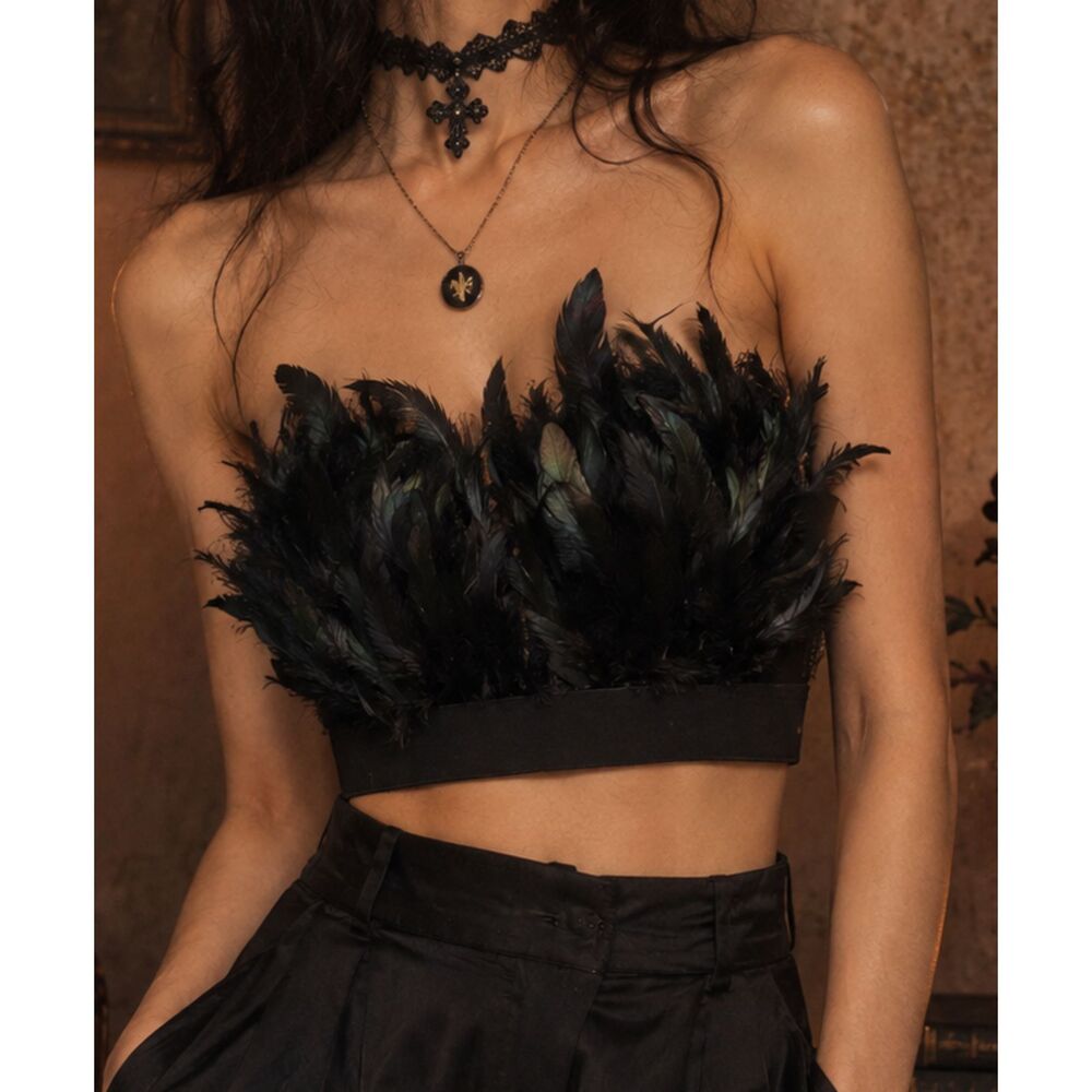 Bashful Monster Black Feather Bustier Top Size L Iridescent Gothic Party Corset